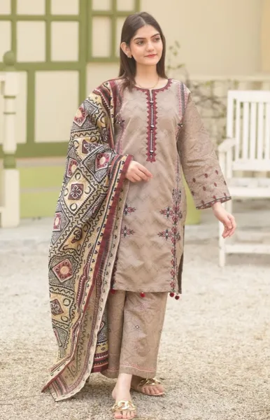 Pakistani Original Rangoon Stitched Cotton 3 Pcs_Beige
